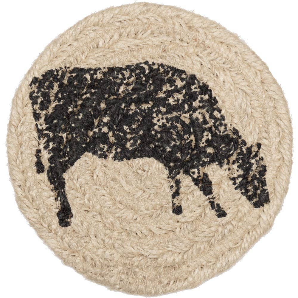 Charcoal Cow or Pig Jute Coaster Set of 6-Sawyer Mill - The Pink Pigs, Animal Lover's Boutique