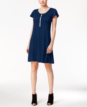 Kensie Womens Zip-Detail T-Shirt Dress (Navy Heather Combo, XL) *
