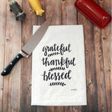 Grateful, Thankful, Blessed Handprinted White Flour Sack Tea Towel with Hanging Loop - The Pink Pigs, A Compassionate Boutique