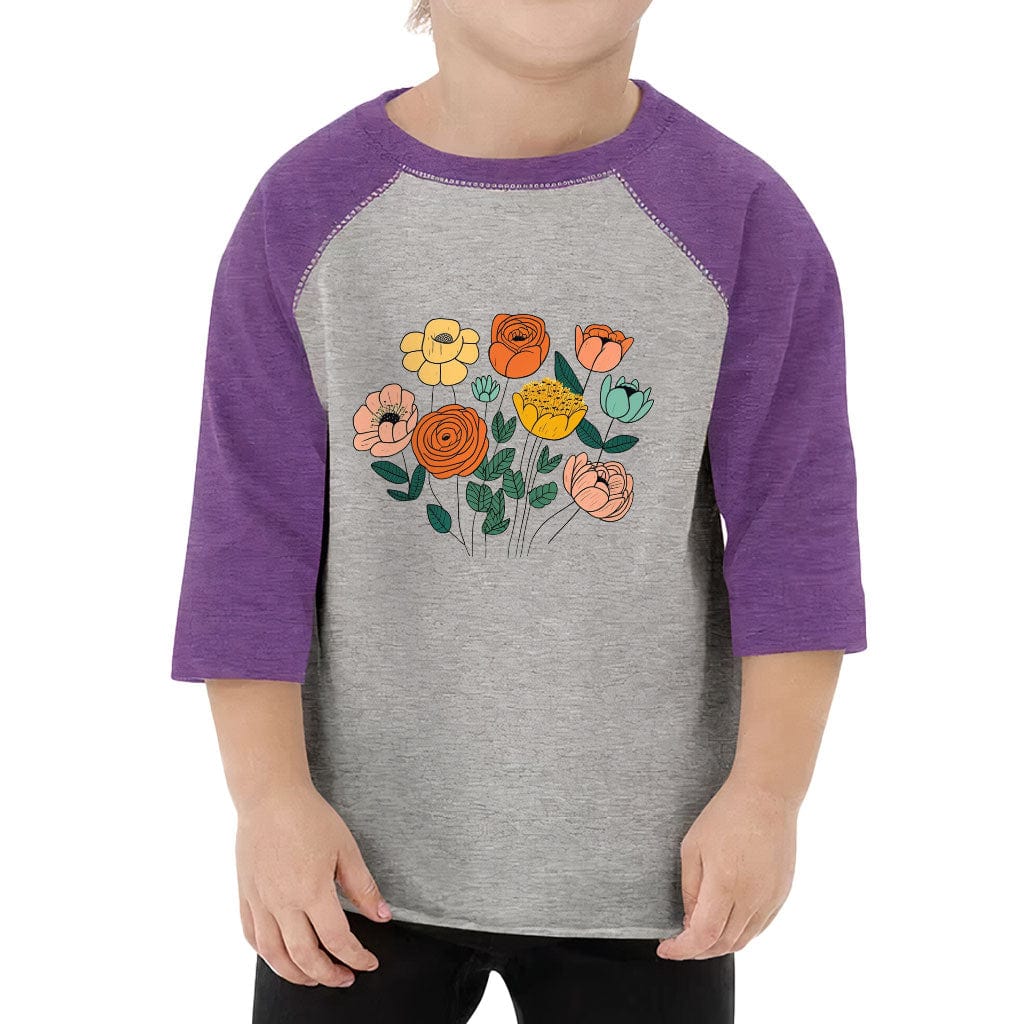 Flower Design Toddler Baseball T-Shirt - Cartoon Print 3/4 Sleeve T-Shirt - Cute Kids' Baseball Tee