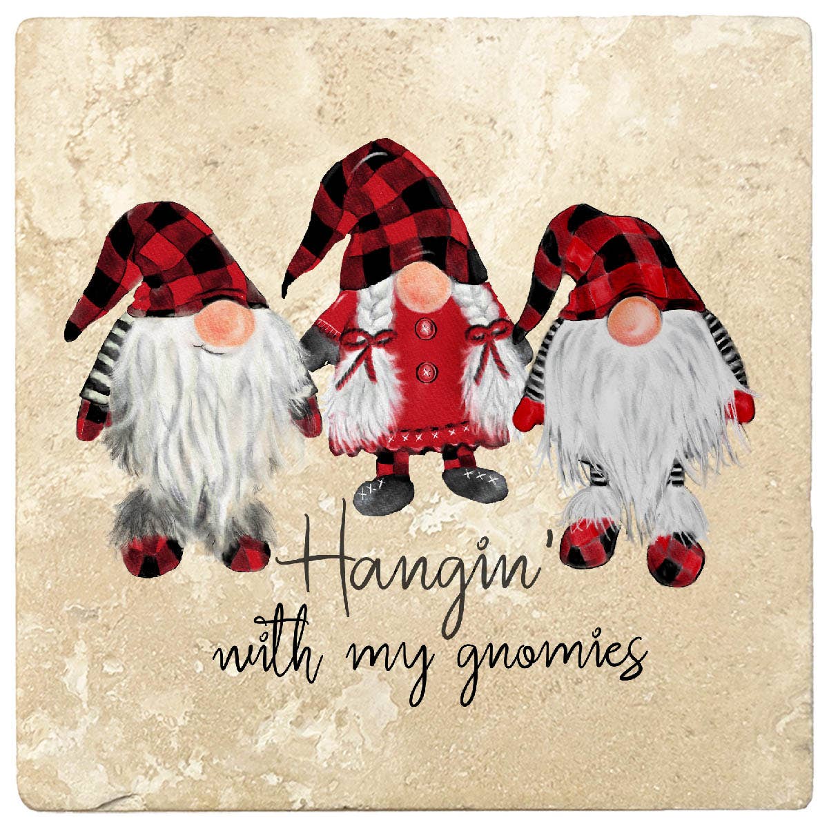 Hangin' with My Gnomies Christmas by Krebs - Set of 4, 4" Travertine Coasters - Three Gnomes - The Pink Pigs, Animal Lover's Boutique