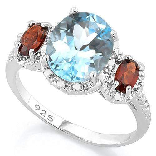 Sky Blue Topaz and Deep Red Garnet with Diamonds in Sterling Silver Ring 4ctw - The Pink Pigs, A Compassionate Boutique