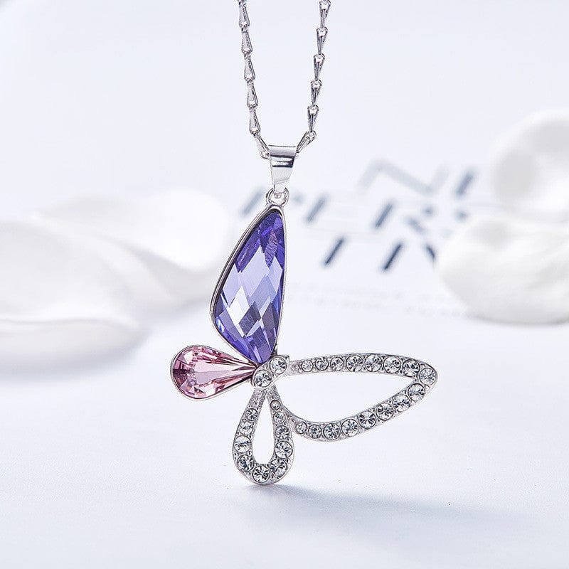 Butterfly Necklace Sterling Silver with Swarovski Crystal, Asymmetric, Gorgeous! Purple - The Pink Pigs, Animal Lover's Boutique