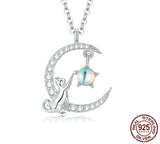 Cat in Moon Reaching for Star Necklace 925 Sterling Silver 18