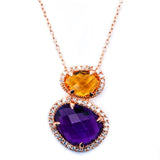 Cabachon Cut Amethyst, Citrine & Diamond Necklace Pendant 14K Rose Gold