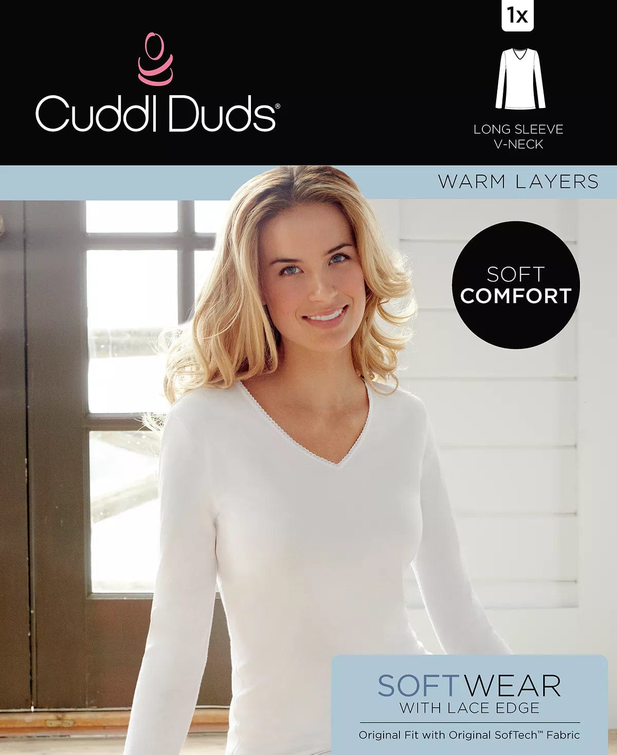 Cuddl Duds SoftWear Lace Edge Long Sleeve Top Cheetah Print or
