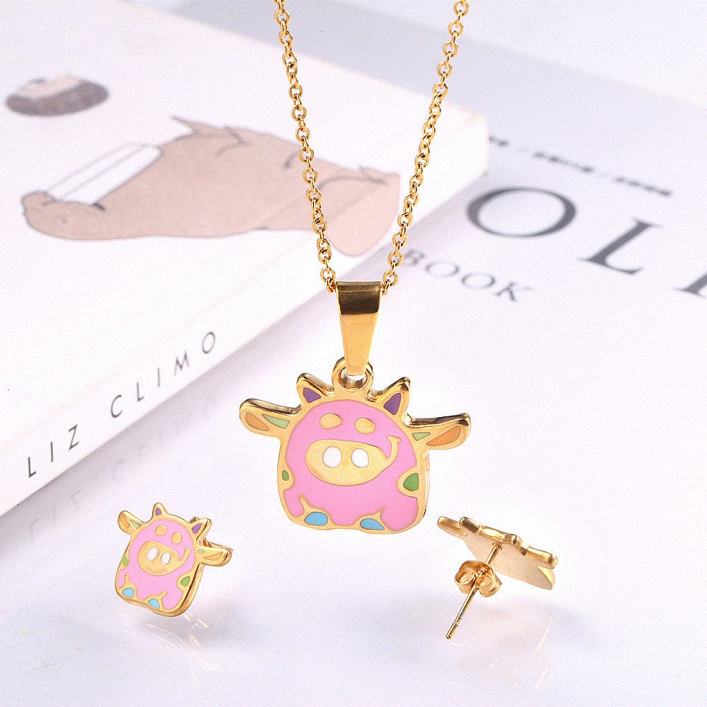 Flying Pink Piggy Jewelry Set Stainless Steel Necklace and Earrings for Girls - The Pink Pigs, A Compassionate Boutique