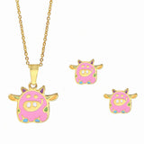 Flying Pink Piggy Jewelry Set Stainless Steel Necklace and Earrings for Girls