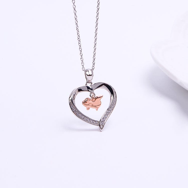 Flying Pig in a Heart with CZ Sterling Silver Necklace 18" Sliding Chain - The Pink Pigs, A Compassionate Boutique
