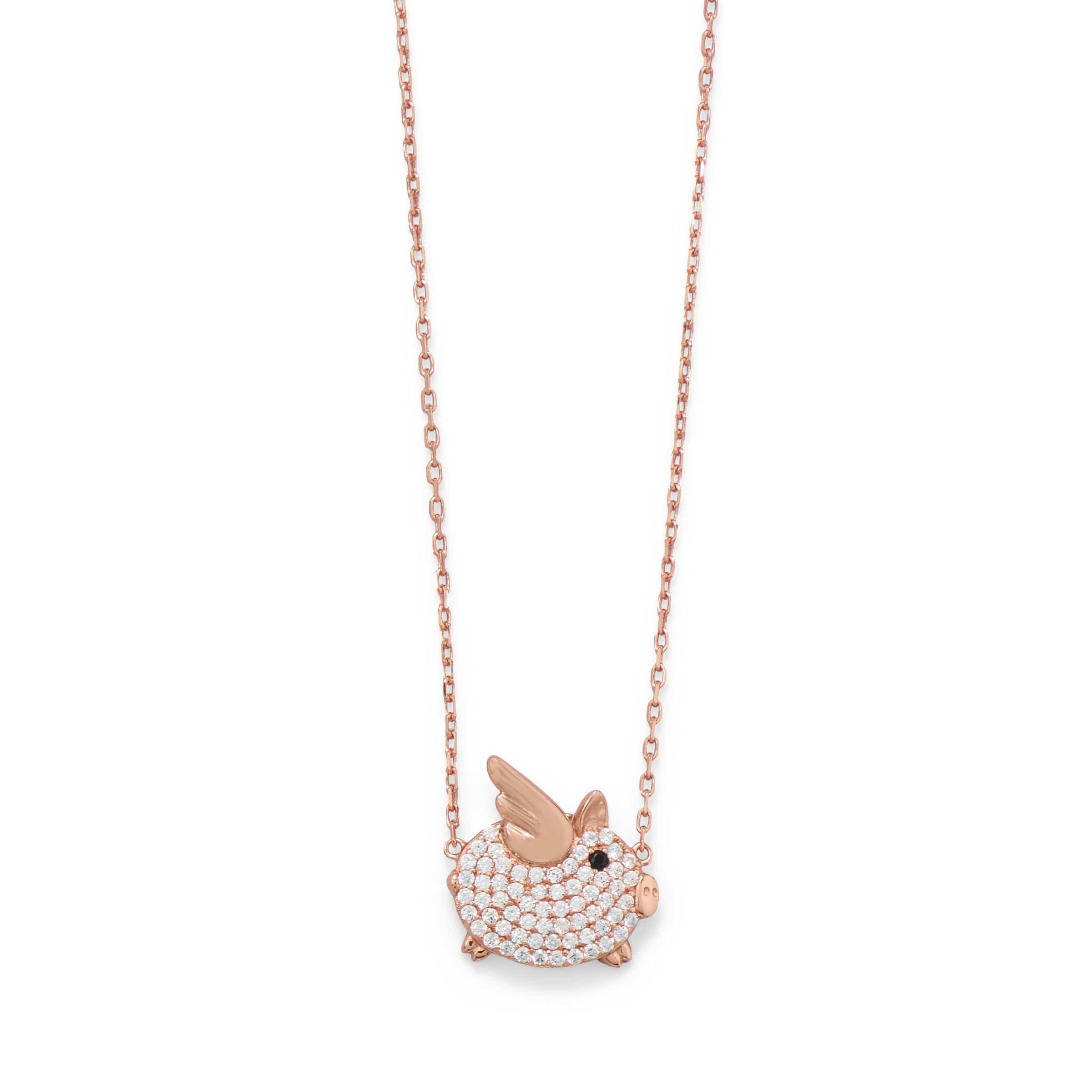 Flying Pig Necklace Sterling Silver with Cubic Zirconia and Gold Plating - The Pink Pigs, Animal Lover's Boutique
