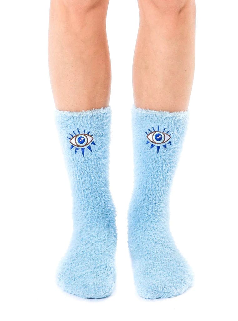 Fuzzy Evil Eye Blue Crew Socks with Grippy Bottoms