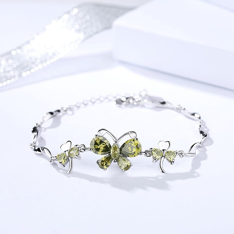 Butterfly Bracelet in Solid Sterling Silver Purple, Green or Yellow CZ, Elegant, Feminine - The Pink Pigs, Animal Lover's Boutique