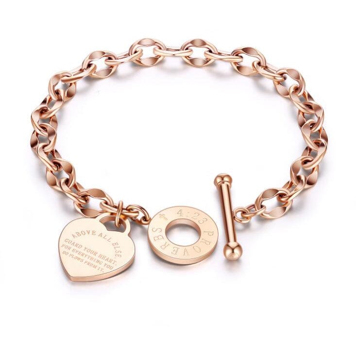 Guard Your Heart Christian Bracelet Proverbs 4:23 Stainless Steel Rose Yellow or White Gold Plated - The Pink Pigs, A Compassionate Boutique