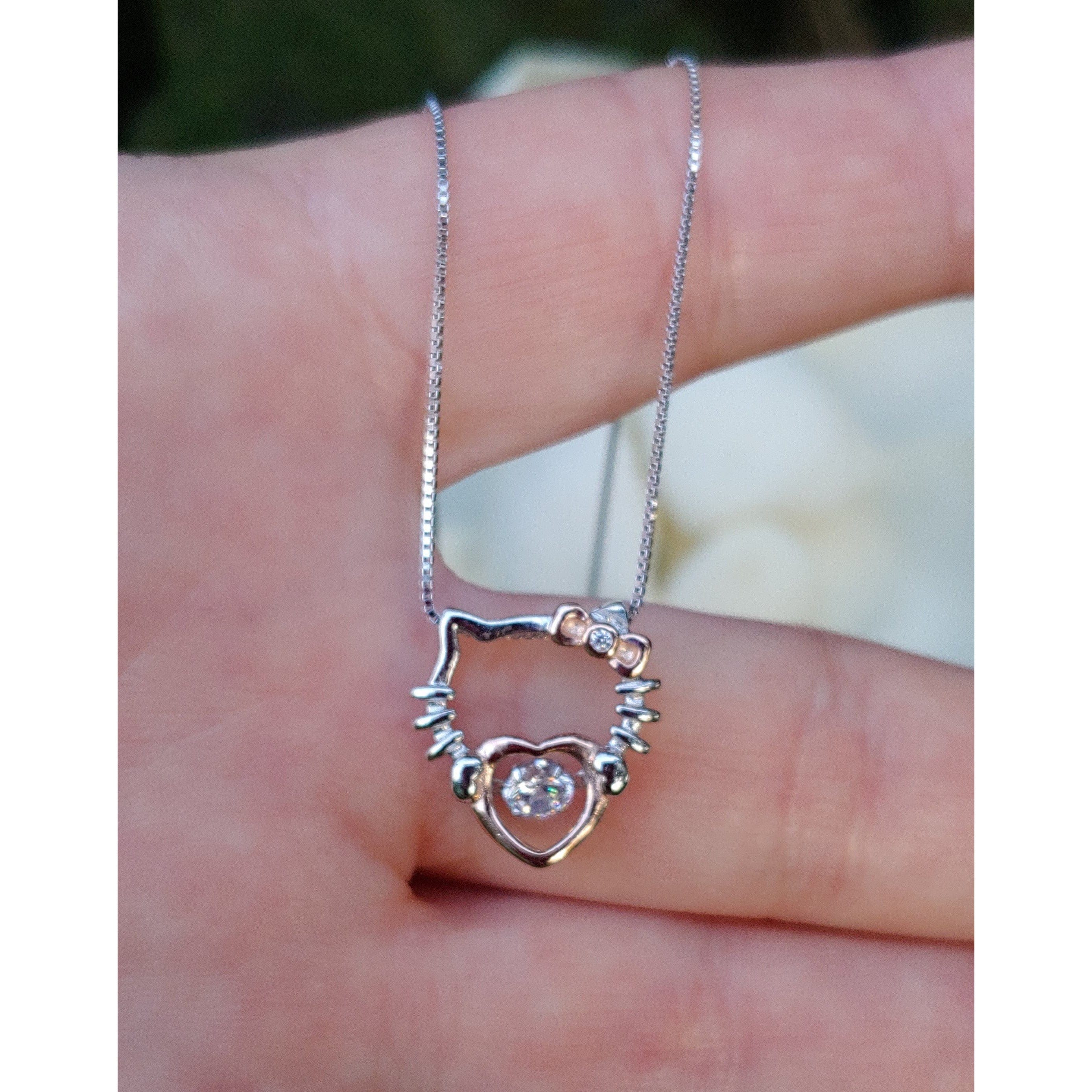 Hello Kitty Two Tone Rose & White Gold Plated Sterling Silver with Dancing Heart CZ Upgraded Box Chain 18" Adj - The Pink Pigs, A Compassionate Boutique