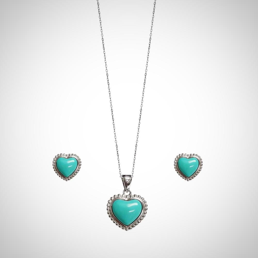 Jimmy Crystal Turquoise Heart Jewelry Set, Necklace & Earrings in Sterling Silver - The Pink Pigs, A Compassionate Boutique