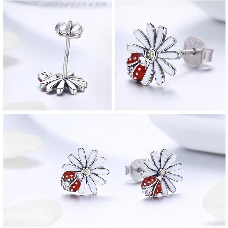 Ladybug on a Daisy Sterling Silver Ring, Earrings, Charm - The Pink Pigs, Animal Lover's Boutique