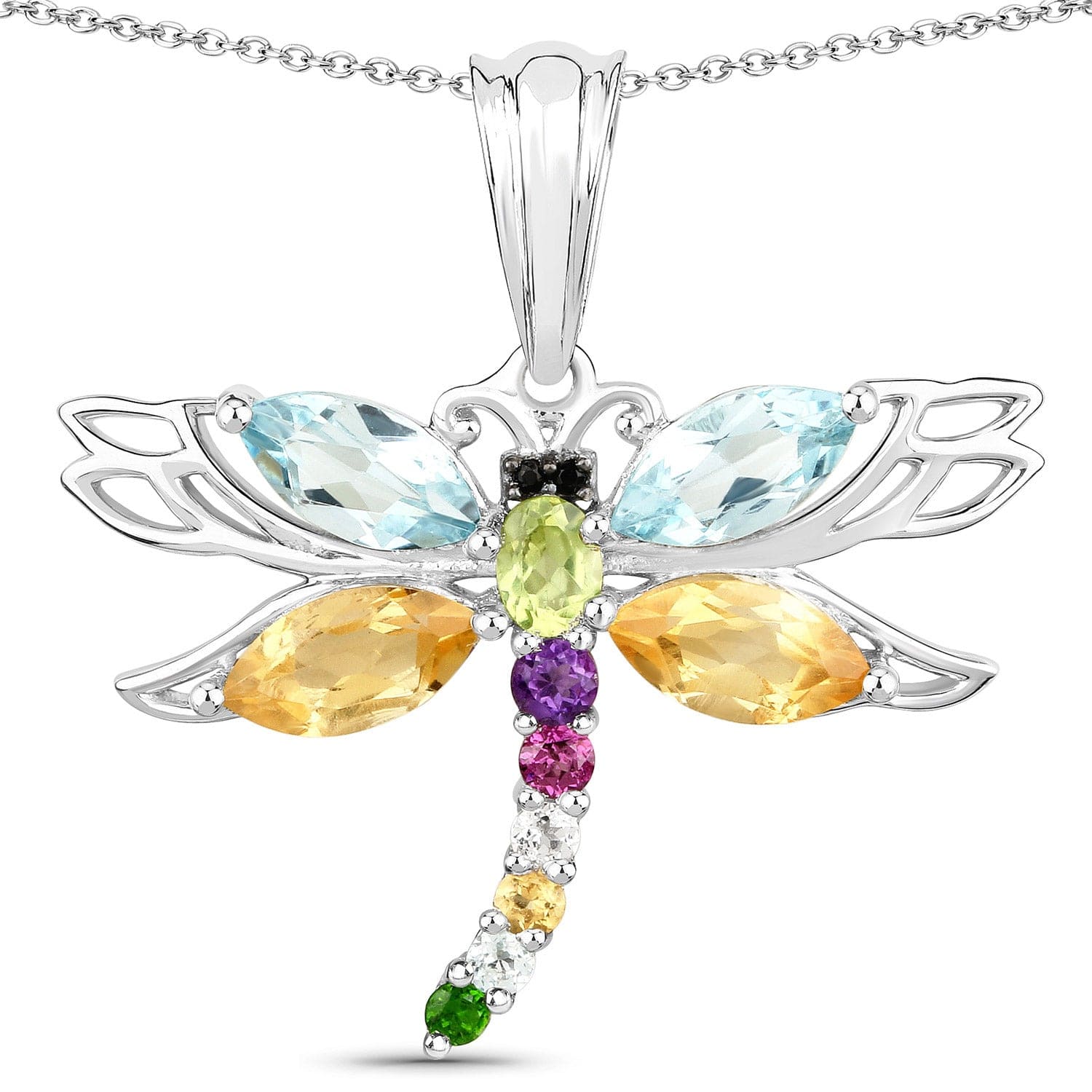 Dragonfly Necklace-Multi Colored Genuine Gemstone 2.88ctw in Sterling Silver
