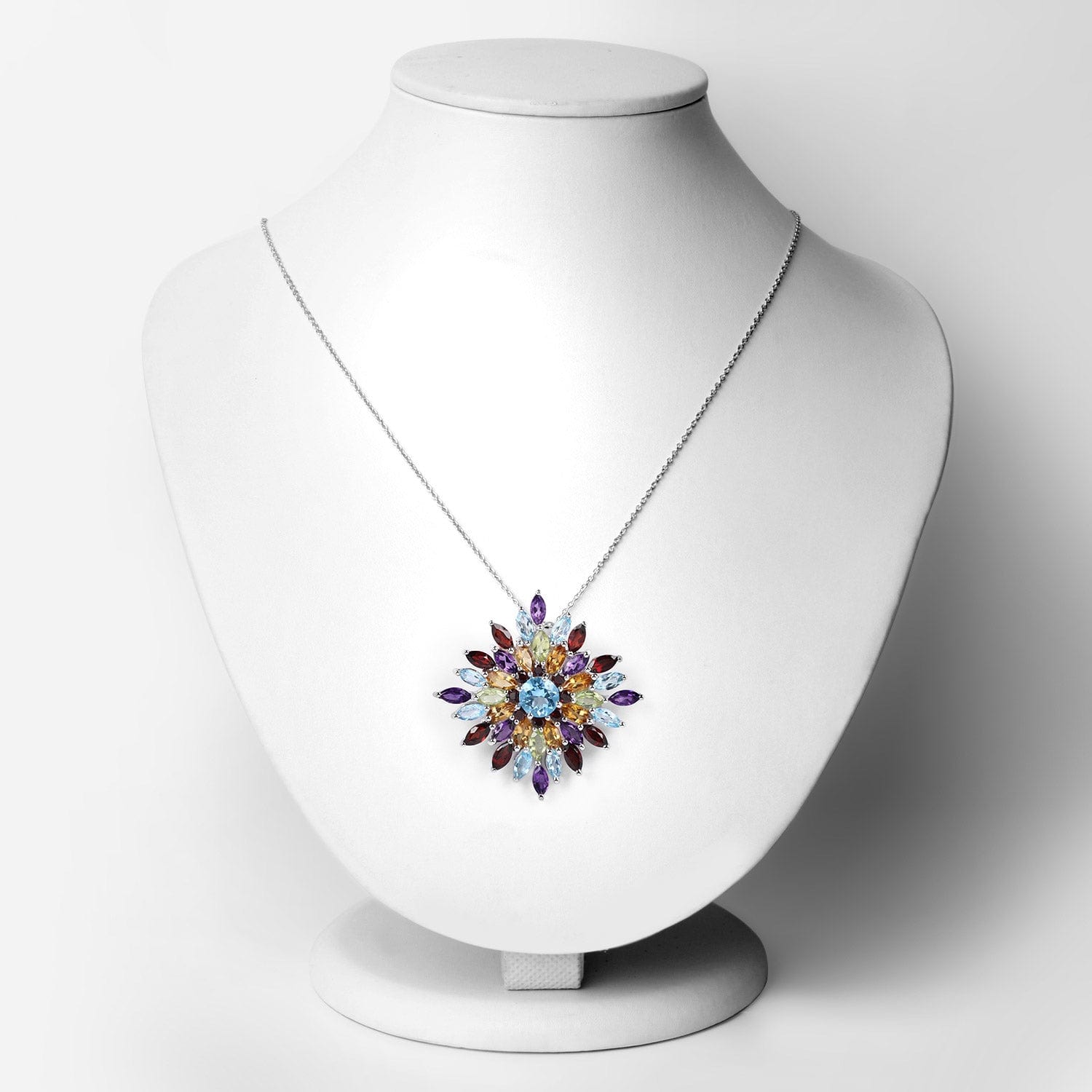 Multi-Gemstone Colored Starburst Floral Necklace Sterling Silver
