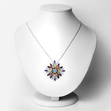 Multi-Gemstone Colored Starburst Floral Necklace Sterling Silver