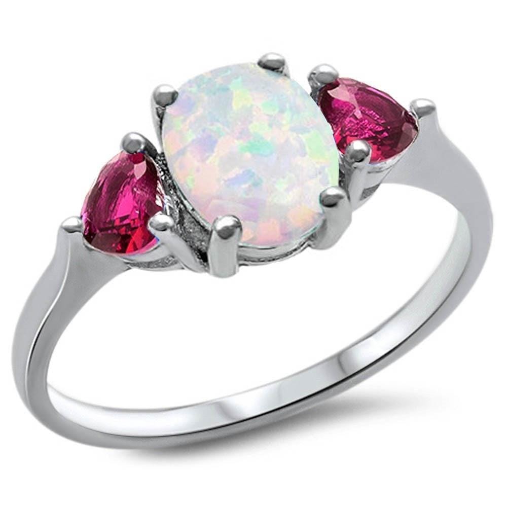 Created Opal and Ruby CZ Ring Sterling Silver - The Pink Pigs, Animal Lover's Boutique