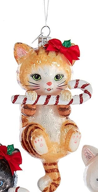 CAT+CANDY CANE ORNAMENT-5"NOBLE GEMS GLASS - The Pink Pigs, Animal Lover's Boutique