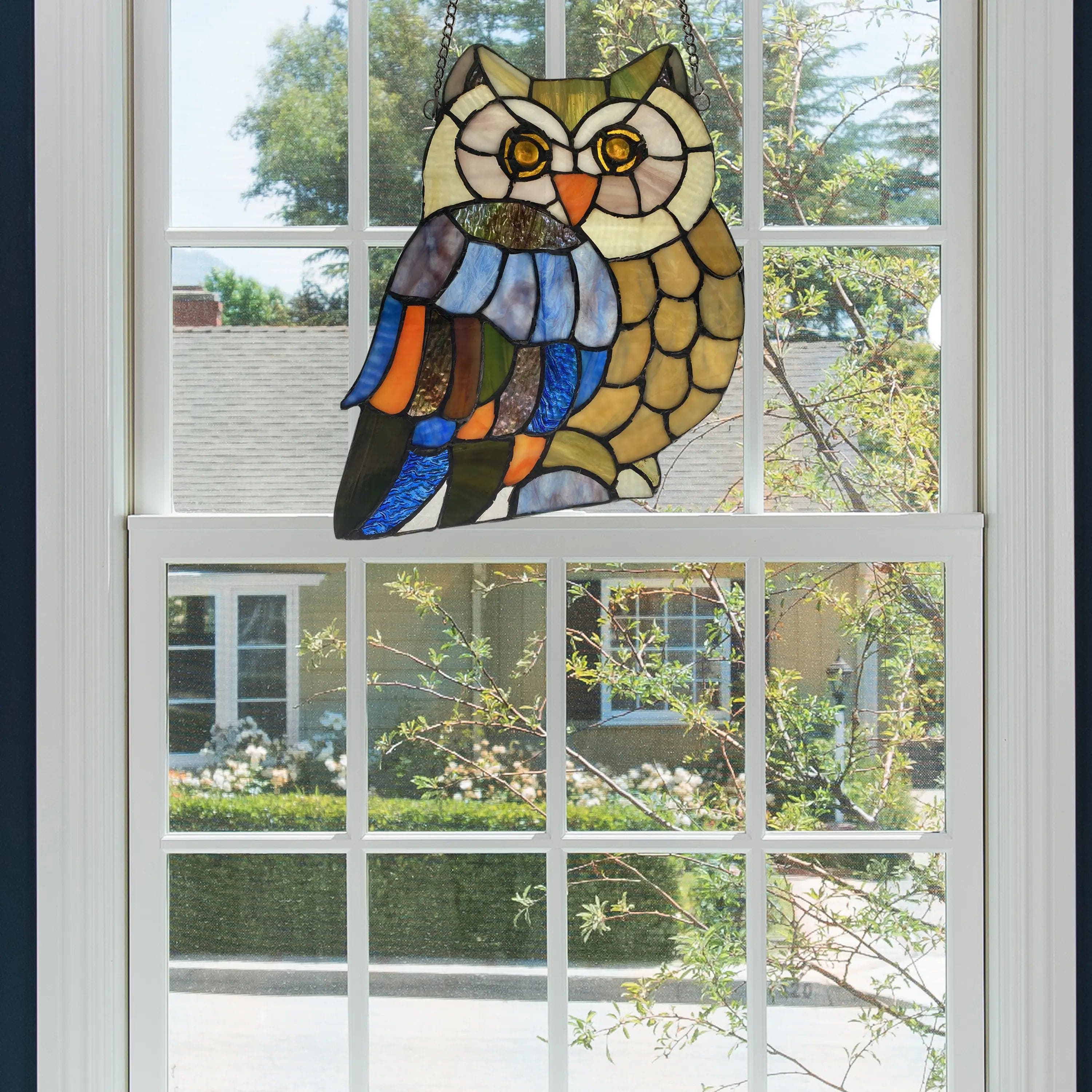 Owl Multicolor Stained Glass Window Panel 9.75"H  Mia