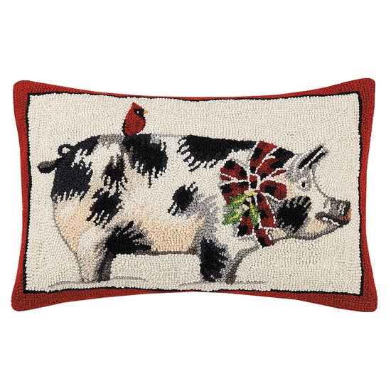 Pig and Cardinal Hooked Decorative Pillow - The Pink Pigs, Animal Lover's Boutique