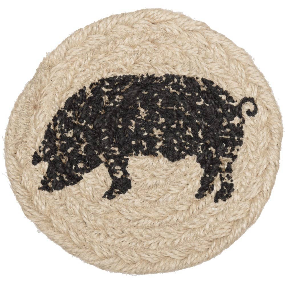 Charcoal Cow or Pig Jute Coaster Set of 6-Sawyer Mill - The Pink Pigs, Animal Lover's Boutique