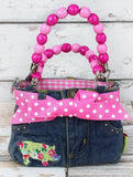 Girls Pink Pig Denim Handbag with Pink Beaded Handles and Bows