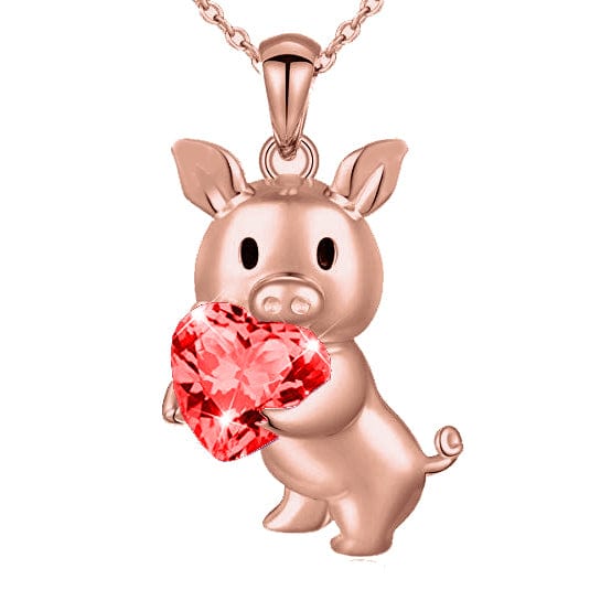 SALE!  Pig with Red CZ Heart Necklace, Sterling Silver - The Pink Pigs, Animal Lover's Boutique