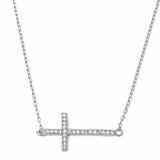 Sideways Cross Necklace with CZ Sterling Silver White, Yellow or Rose Gold Plated