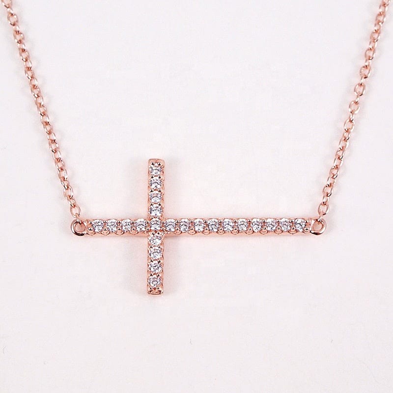 Quality Gold 14k Rose Gold Sideways Curved Textured Cross Necklace  SF2093-19 - Sullivan Jewelers