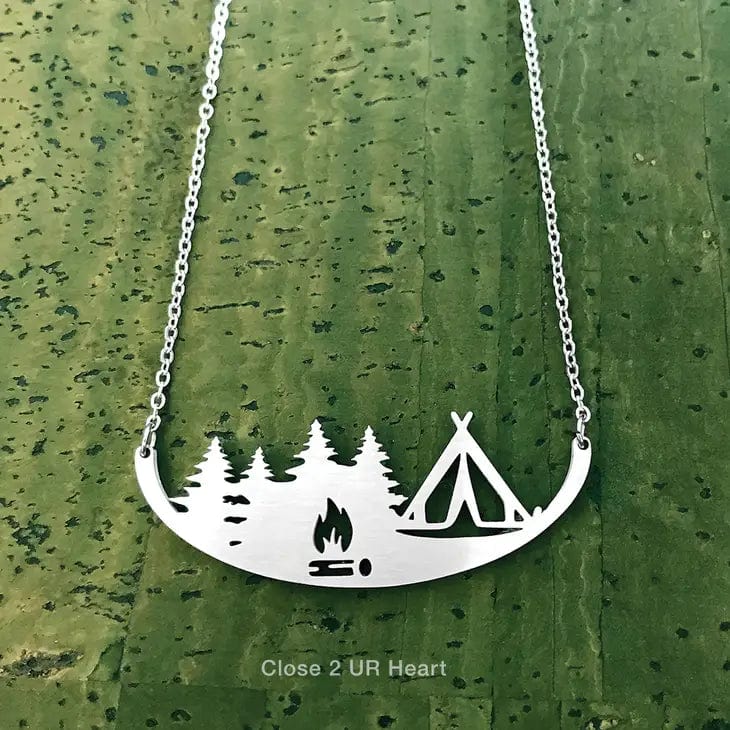 Happy Camper in the Woods Stainless Steel Necklace-Tent and RV, Made in the USA*