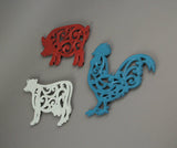 Abound-Zeckos Farm Animal Rustic Cast Iron Trivet Set, Pig, Cow, Rooster