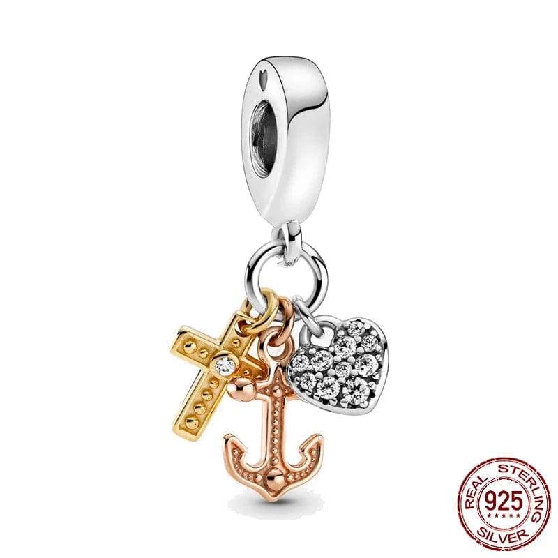 Ali Express Fine Fashion Jewelry Charm Cross, Anchor, Heart Tri-Color Charm Pandora Style Sterling Silver Christian Bracelet