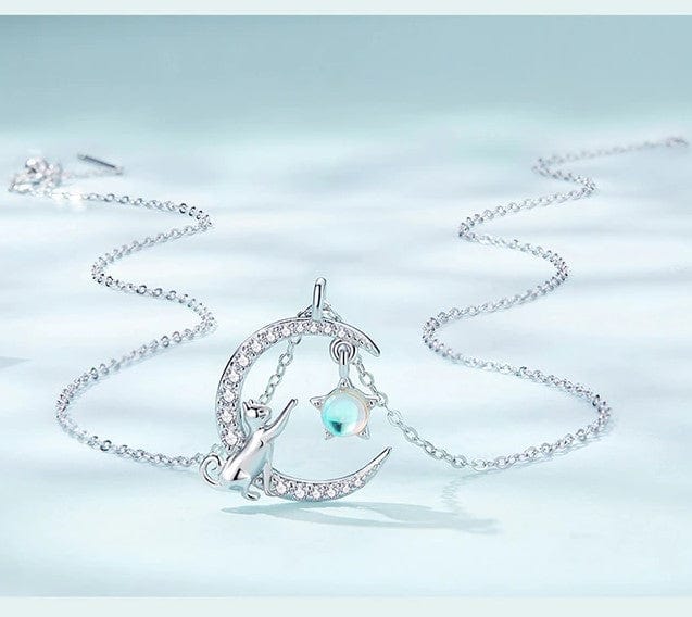 Alibaba - bamoer Necklace sterling silver Cat in Moon Reaching for Star Necklace 925 Sterling Silver 18" adj. Chain