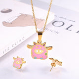 Alibaba Fashion Jewelry Sets Flying Pink Piggy Jewelry Set Stainless Steel Necklace and Earrings for Girls