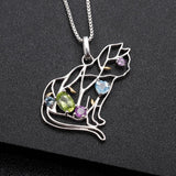 Alibaba Fine Fashion Jewelry-Necklace Designer Unique Cat Necklace Sterling Silver & REAL Gemstones!  Garnet, Topaz, Peridot