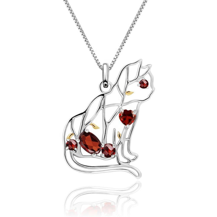 Alibaba Fine Fashion Jewelry-Necklace Garnet Designer Unique Cat Necklace Sterling Silver & REAL Gemstones!  Garnet, Topaz, Peridot