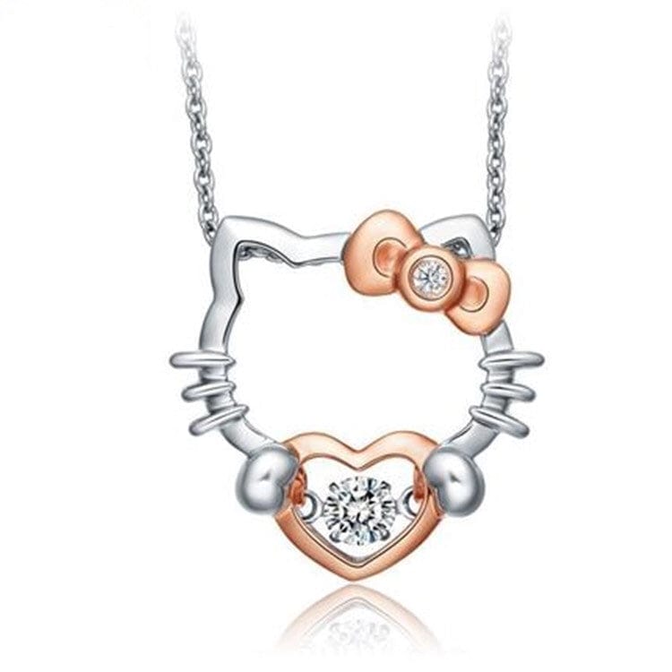 Alibaba Fine Fashion Jewelry-Necklace Hello Kitty Two Tone Rose & White Gold Plated Sterling Silver with Dancing Heart CZ Upgraded Box Chain 18" Adj