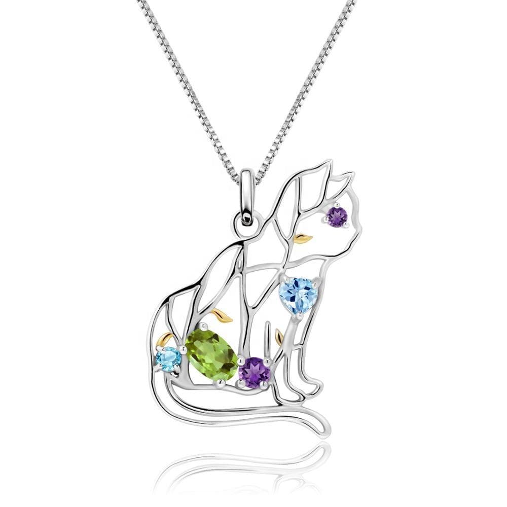 Alibaba Fine Fashion Jewelry-Necklace Multi Designer Unique Cat Necklace Sterling Silver & REAL Gemstones!  Garnet, Topaz, Peridot