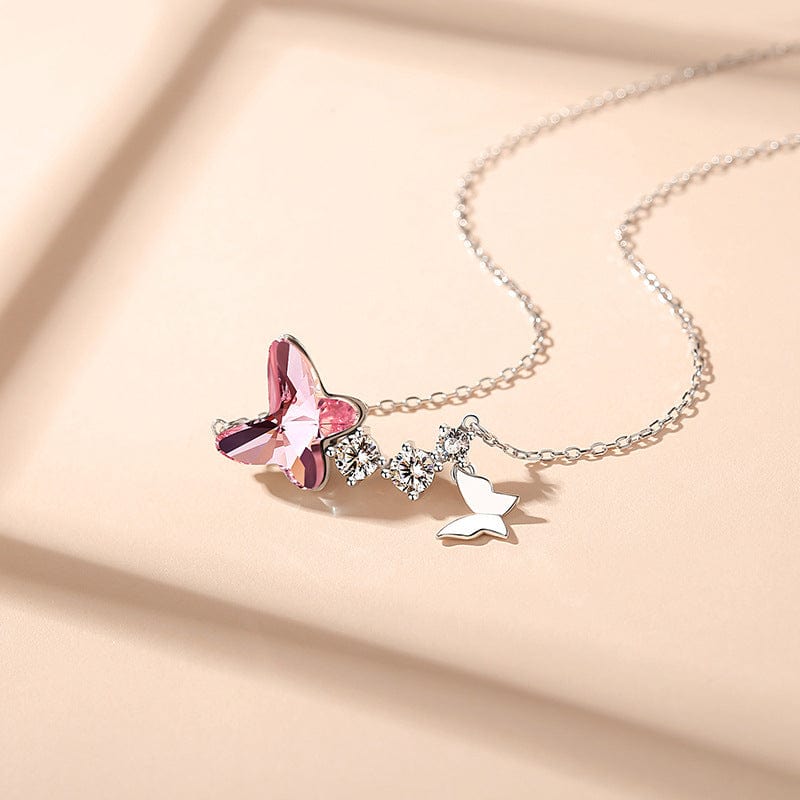 Alibaba Fine Fashion Jewelry-Necklace Pink Butterfly Necklace and Earrings in Sterling Silver with Swarovski Crystal & CZ, Gorgeous!