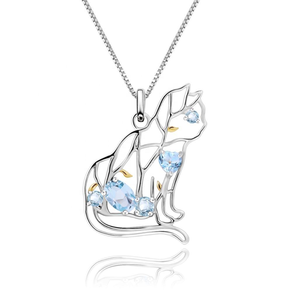 Alibaba Fine Fashion Jewelry-Necklace Topaz Designer Unique Cat Necklace Sterling Silver & REAL Gemstones!  Garnet, Topaz, Peridot