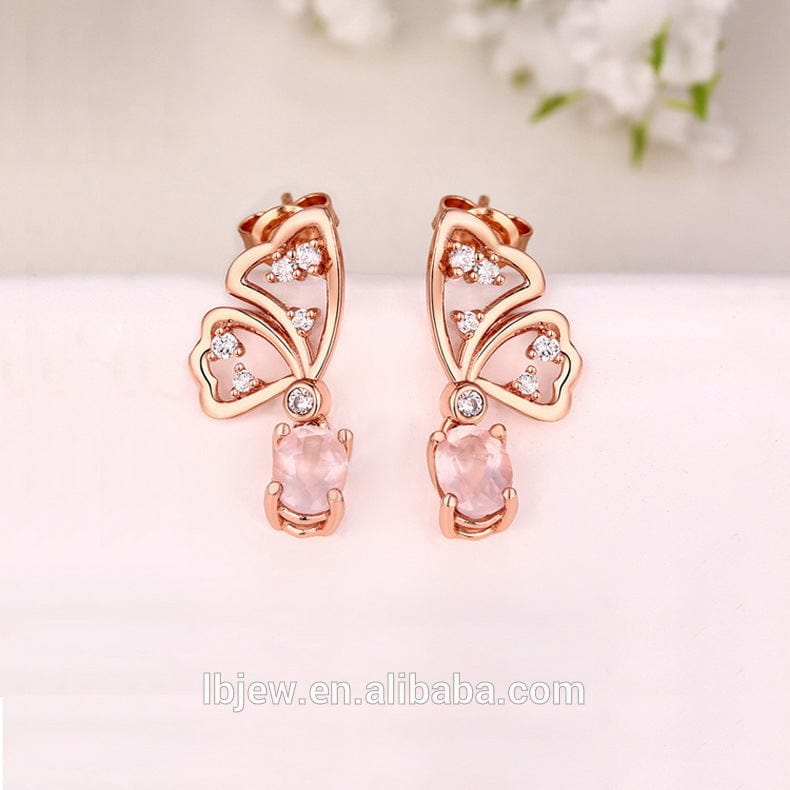 Alibaba Fine Fashion Jewelry SET Earrings Butterfly Jewelry Sets Rose Quartz in Sterling SIlver, Rose Gold Plated Pink Beautiful