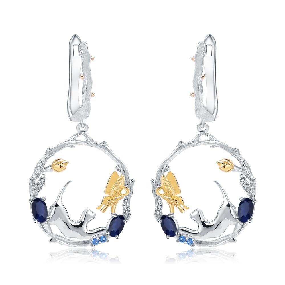 Alibaba Fine Fashion Jewelry SET Sapphire-Earrings Cat and Butterfly Fine Sterling Silver Jewelry, Genuine Gemstone-Necklace, Earrings, Ring or SET