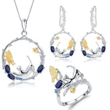 Alibaba Fine Fashion Jewelry SET Sapphire-SET Cat and Butterfly Fine Sterling Silver Jewelry, Genuine Gemstone-Necklace, Earrings, Ring or SET