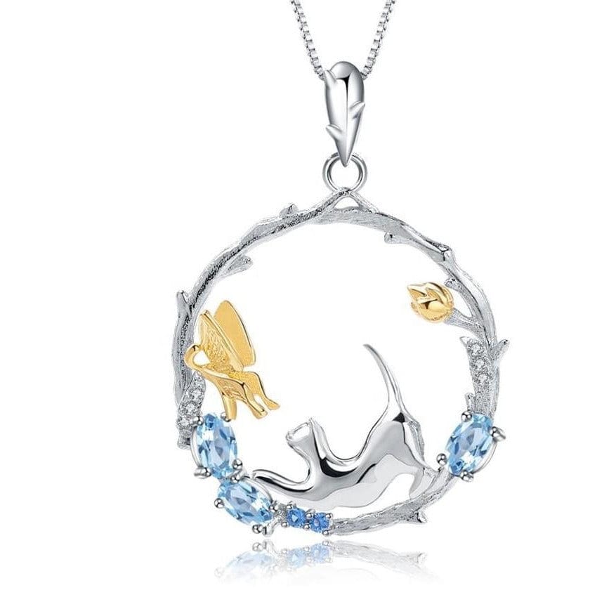 Alibaba Fine Fashion Jewelry SET Topaz-Necklace Cat and Butterfly Fine Sterling Silver Jewelry, Genuine Gemstone-Necklace, Earrings, Ring or SET
