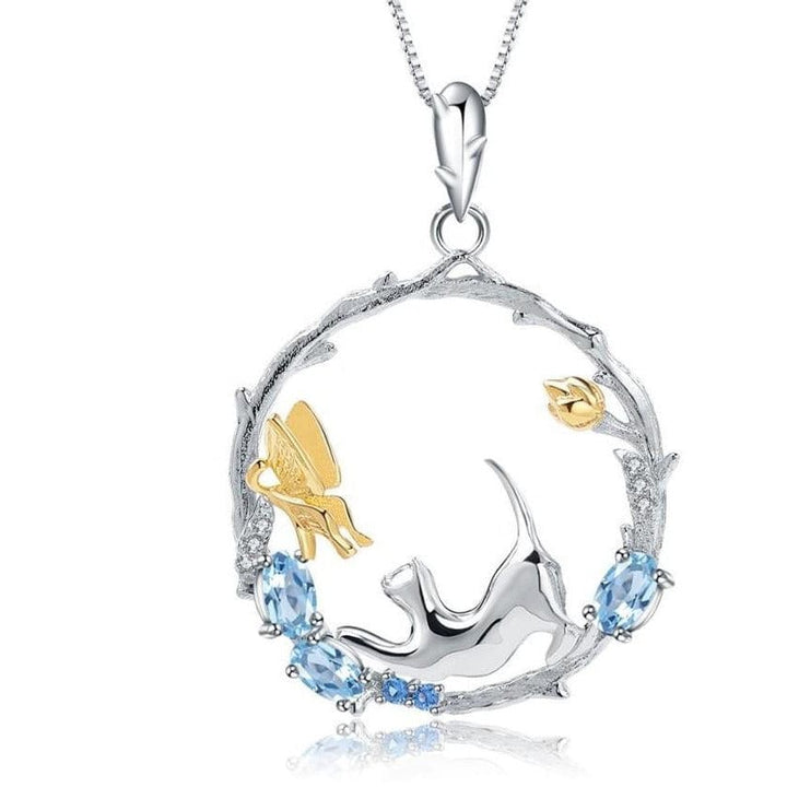 Alibaba Fine Fashion Jewelry SET Topaz-Necklace Cat and Butterfly Fine Sterling Silver Jewelry, Genuine Gemstone-Necklace, Earrings, Ring or SET