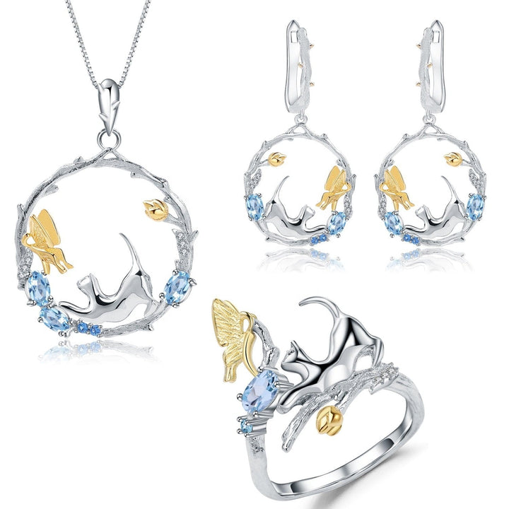 Alibaba Fine Fashion Jewelry SET Topaz-SET Cat and Butterfly Fine Sterling Silver Jewelry, Genuine Gemstone-Necklace, Earrings, Ring or SET