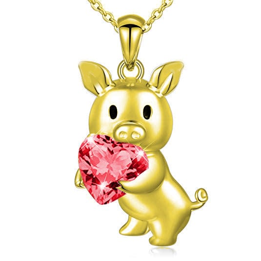 Alibaba - King He Fine Fashion Jewelry-Necklace SALE!  Pig with Red CZ Heart Necklace, Sterling Silver